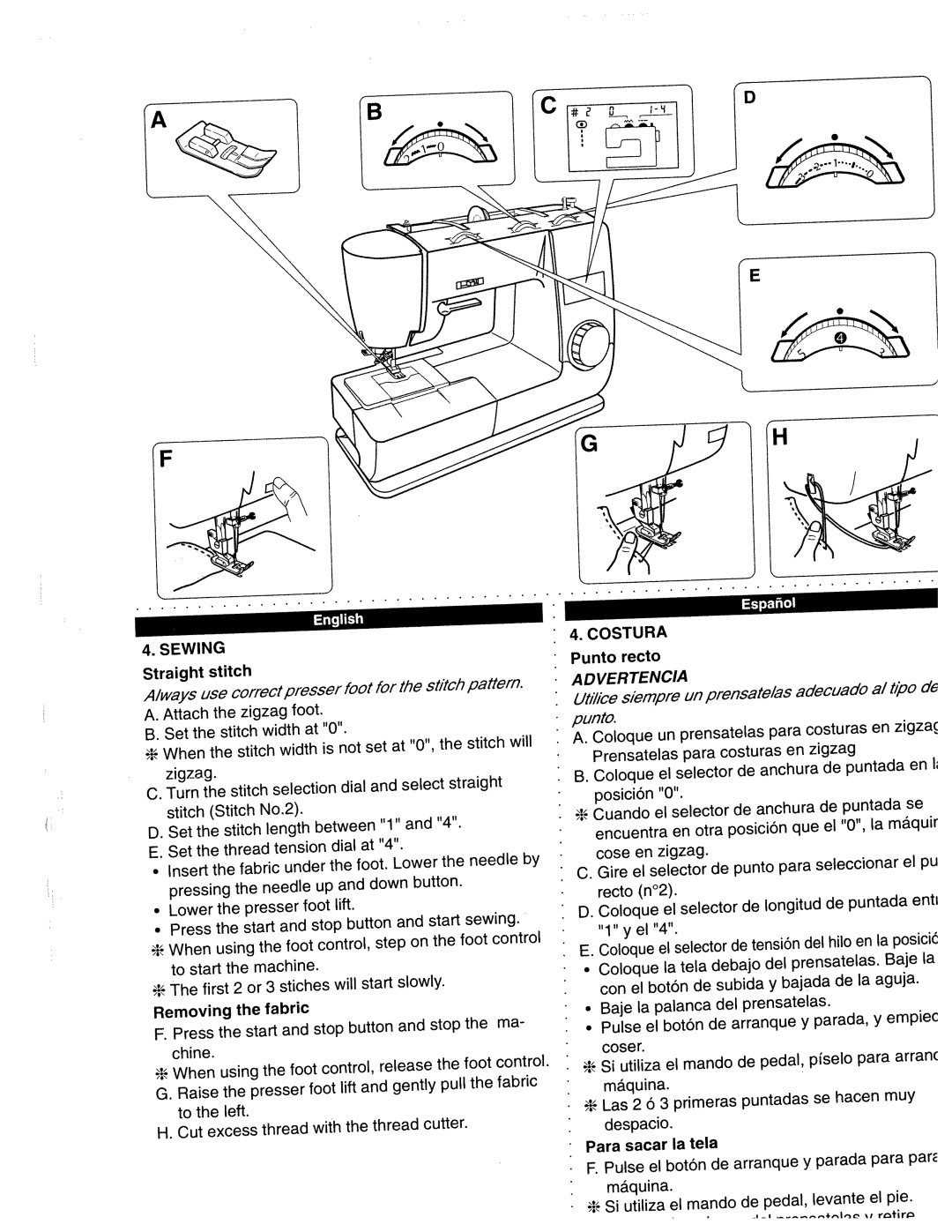 White 1780 manual Straight Stitch, Presser, Release, Excess, Punto, Para sacar Tela 