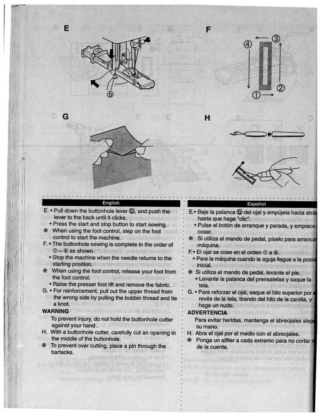 White 1780 manual El ojal se coseen at ordena, Knot, Wrong side by pulling the bobbin thread and tie 