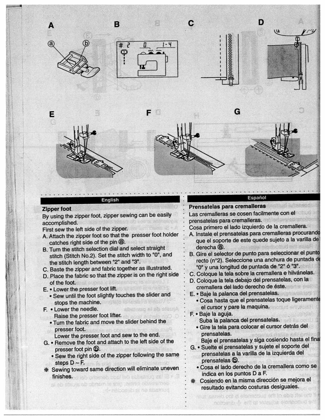 White 1780 manual Presser foot, StepsD-R, Prensatelas para cremalleras 