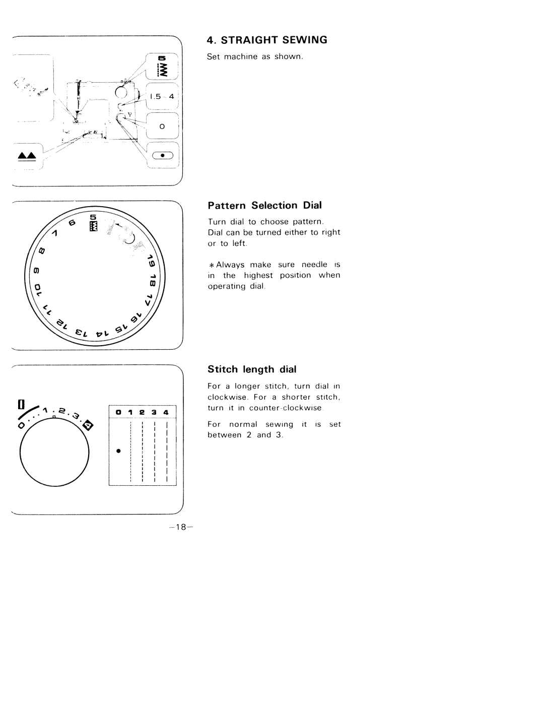 White 1781 manual Stitch length dial, Pattern Selection Dial, Straight Sewing, Turn dial to choose pattern 