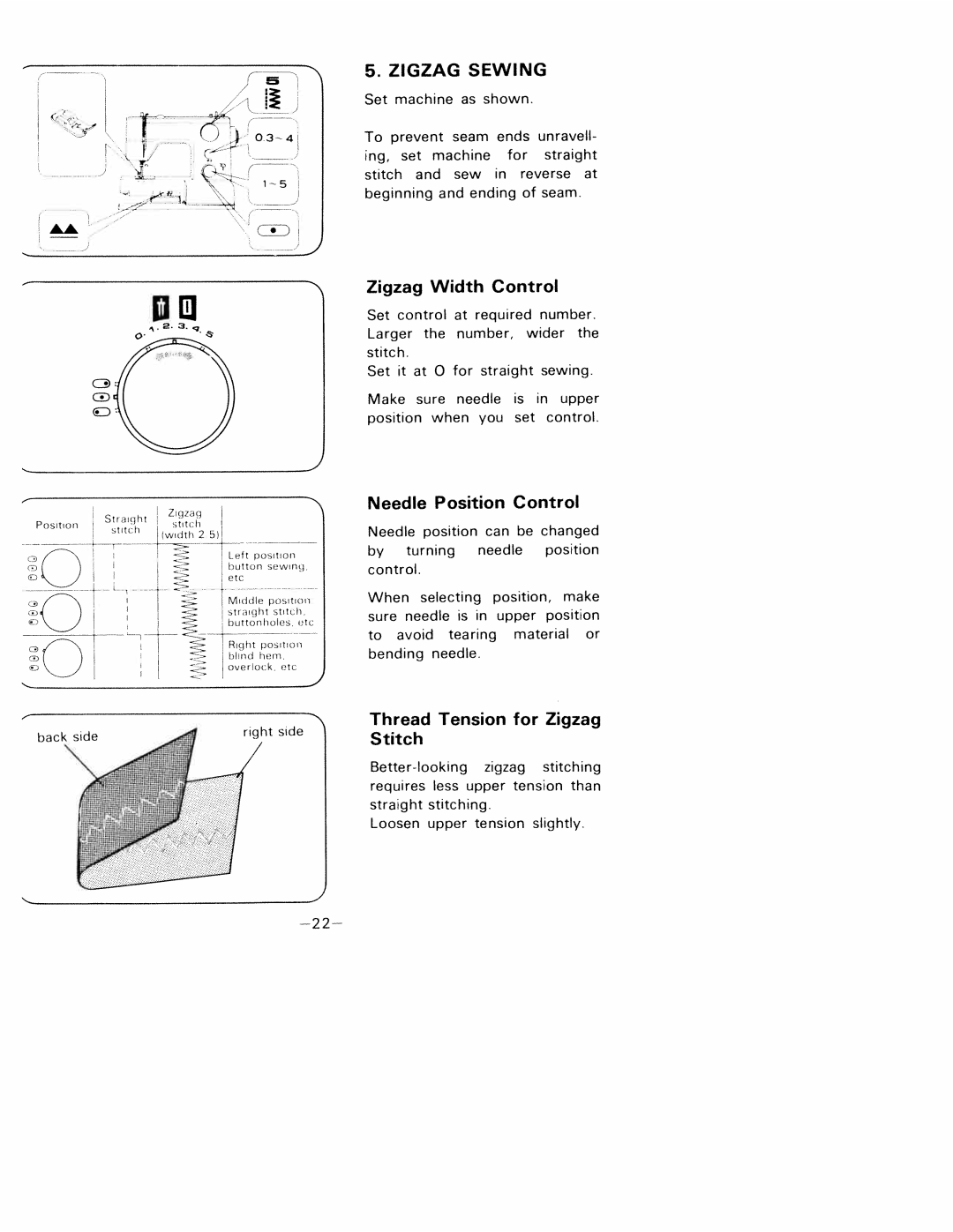 White 1781 manual O34, Zigzag Width Control, Needle Position Control, Thread Tension for Zigzag Stitch, Zigzag Sewing 