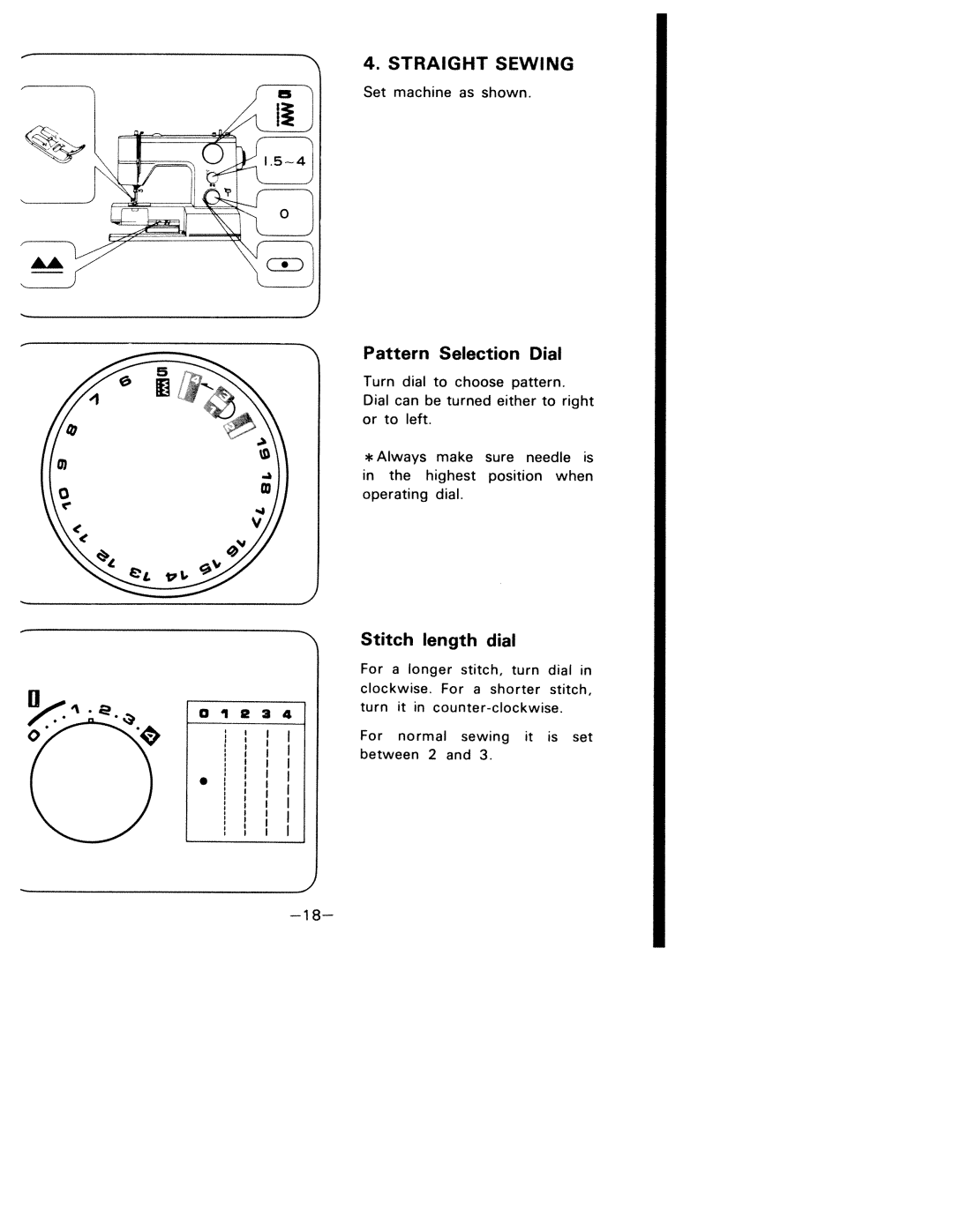 White 1927 manual Stitch length dial, Pattern Selection Dial, Straight Sewing, Turn dial to choose pattern 