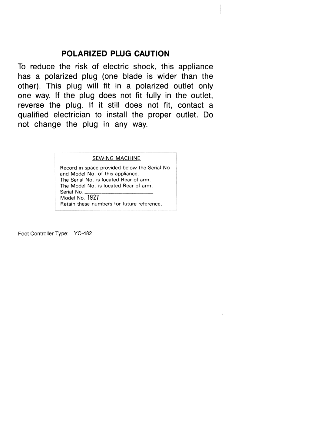 White 1927 manual Polarized Plug Caution 