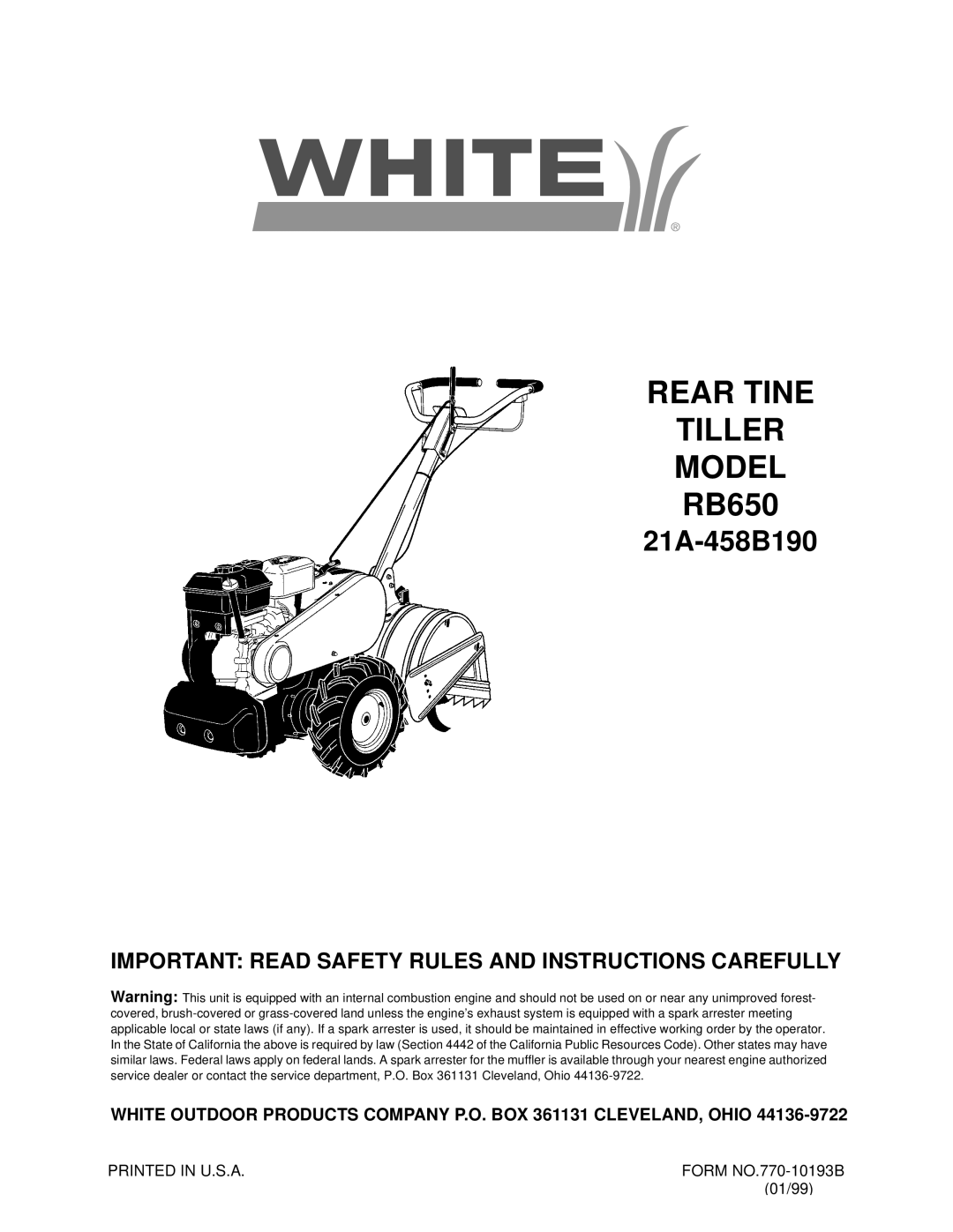 White 21A-458B190 manual Rear Tine Tiller Model, Important Read Safety Rules and Instructions Carefully 