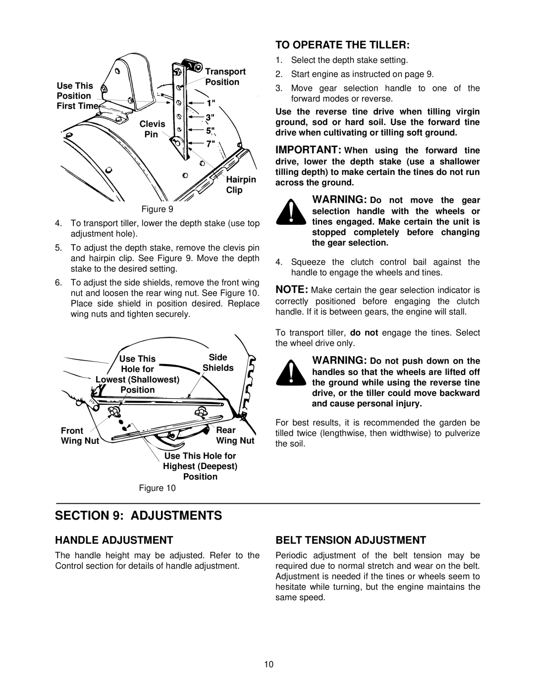 White 21A-458B190 manual Adjustments, To Operate the Tiller, Handle Adjustment, Belt Tension Adjustment 