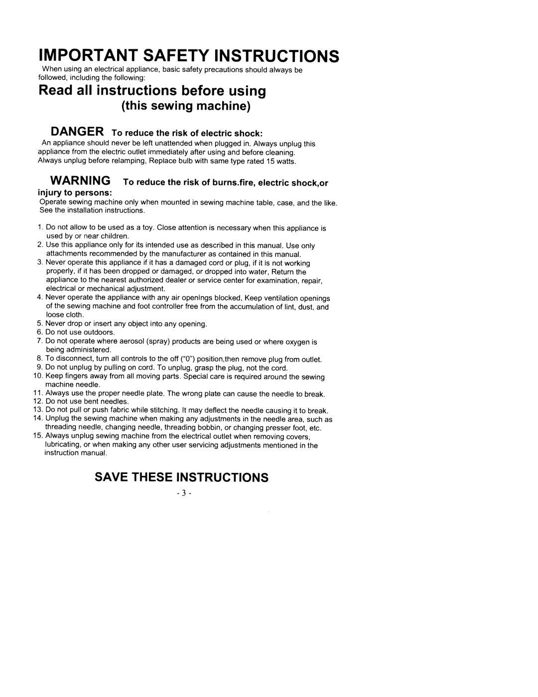 White 2200 manual Safety Instructions, Do not use bent needles 