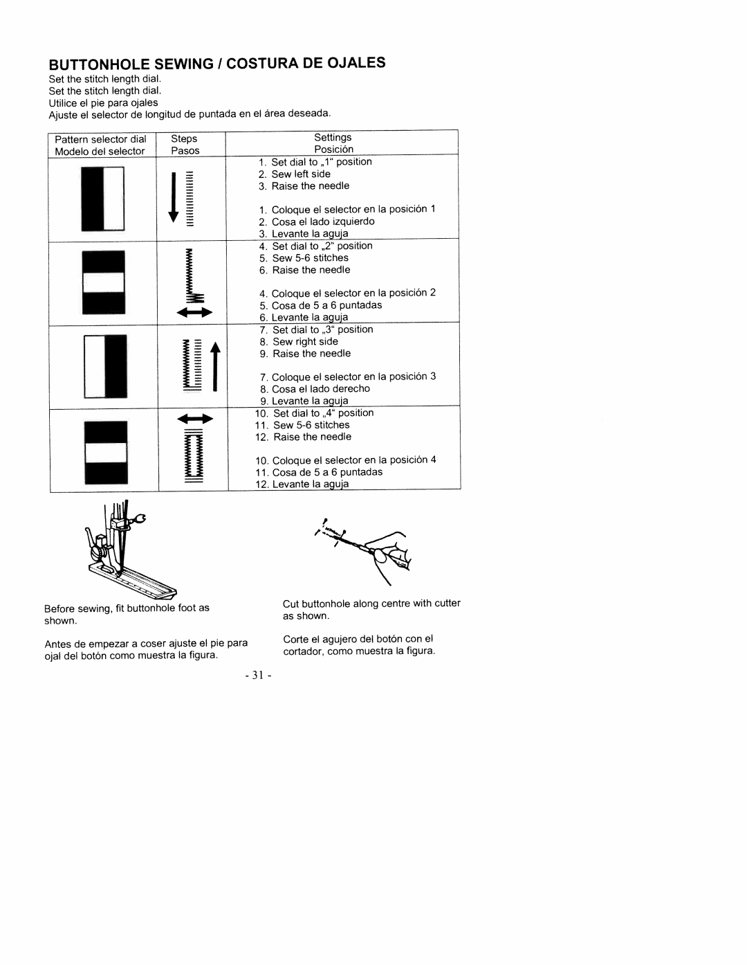 White 2200 manual Puntada Area Deseada, Steps Pasos Settings, Set dial, Cosa el, Selector en Cosa de, Raise Needle 