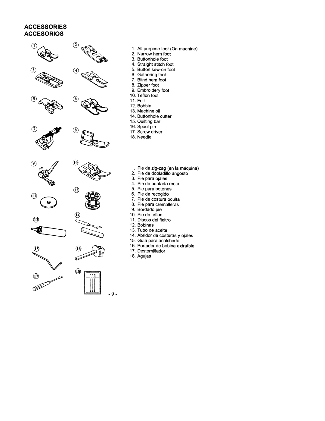 White 2200 manual Accessories Accesorios, Pie para botones, Pie para cremalleras, Pie deteflon 