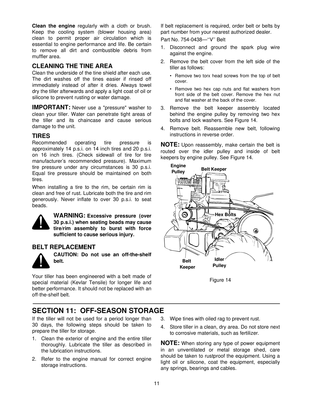 White 414 manual OFF-SEASON Storage, Cleaning the Tine Area, Tires, Belt Replacement 