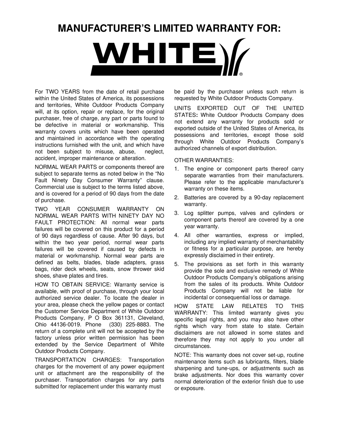 White 414 manual MANUFACTURER’S Limited Warranty for 