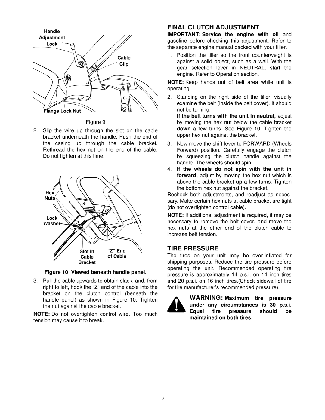 White 414 manual Final Clutch Adjustment, Tire Pressure 