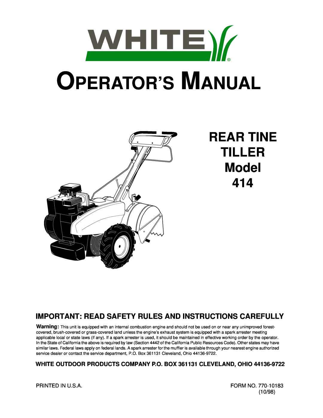 White manual REAR TINE TILLER Model 414, Operator’S Manual 