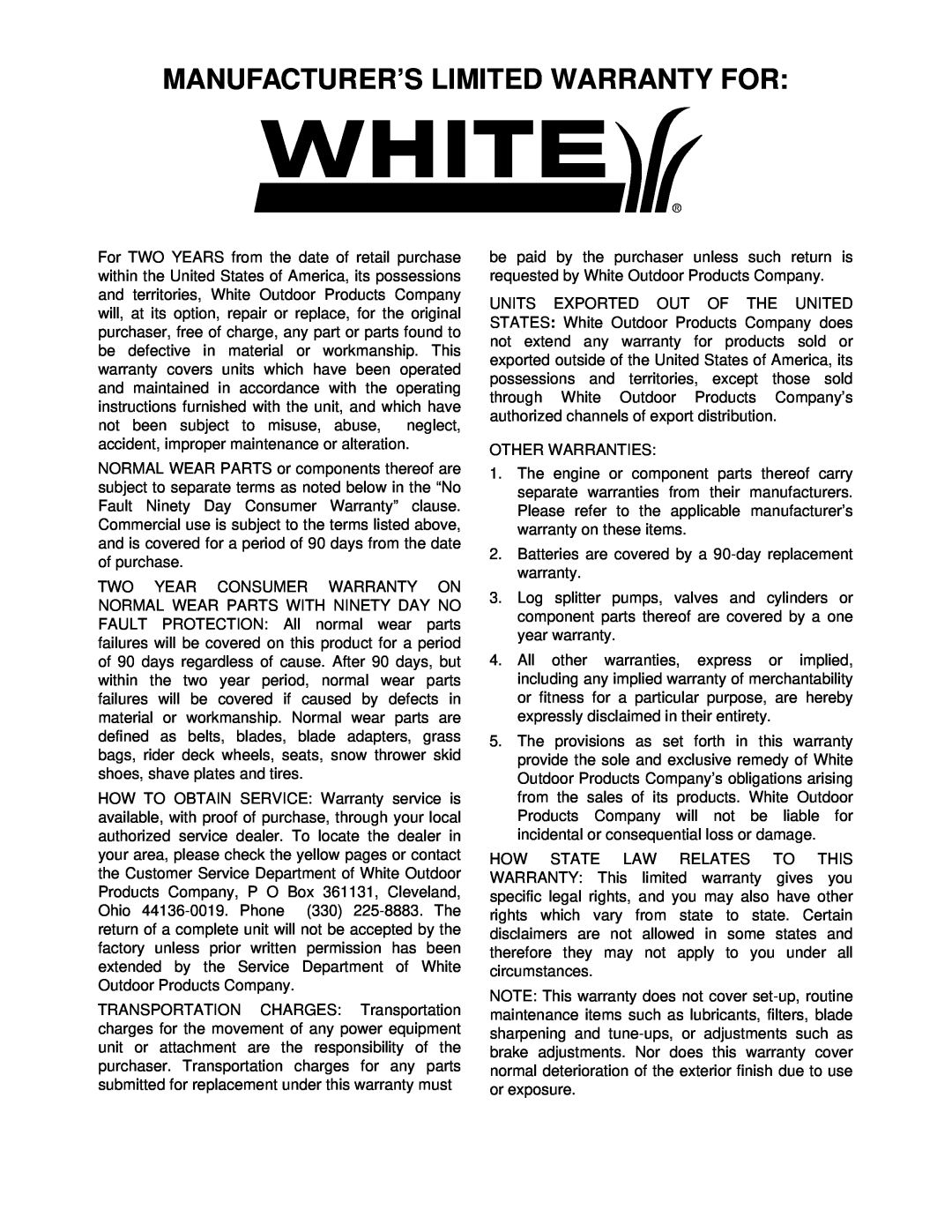White 414 manual Manufacturer’S Limited Warranty For 