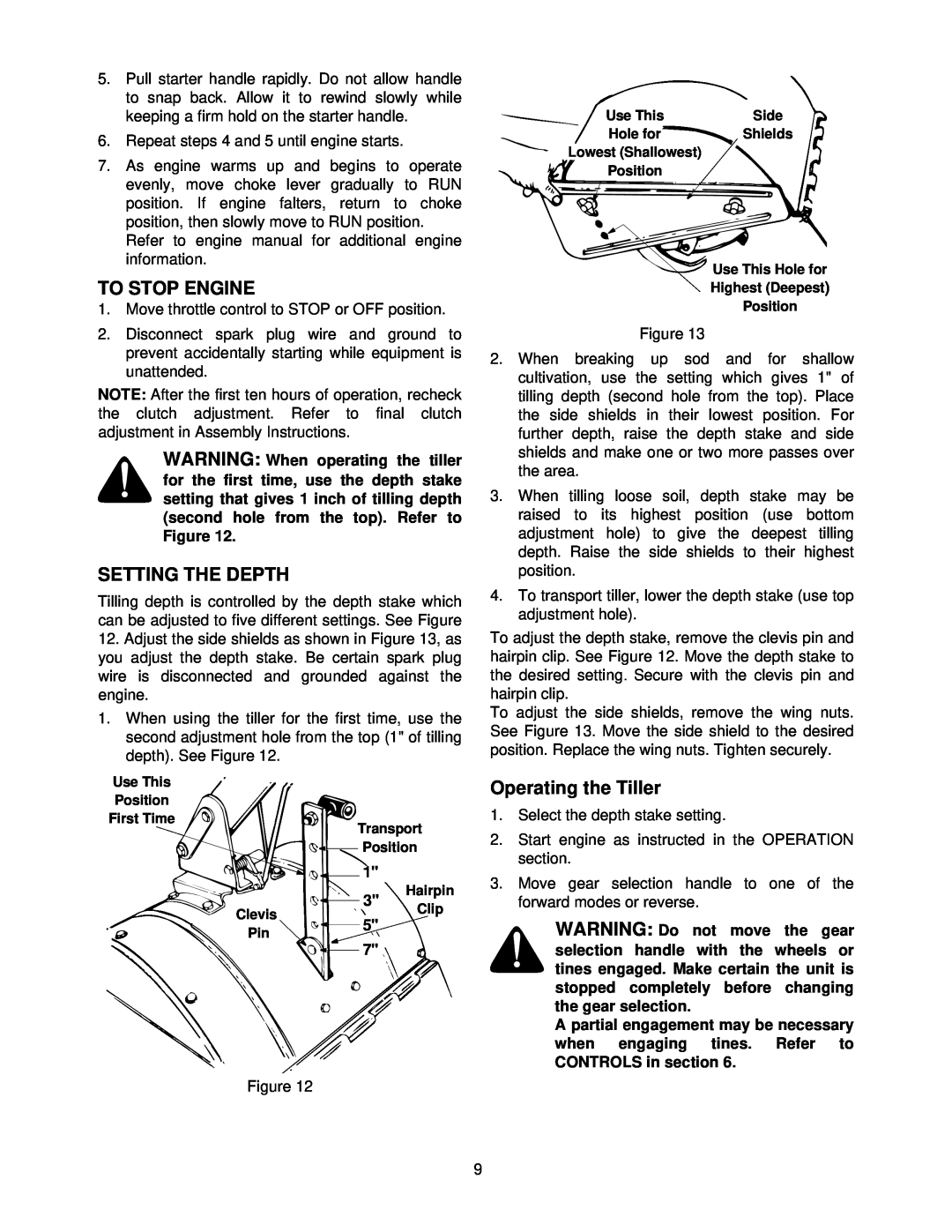 White 414 manual To Stop Engine, Setting The Depth, Operating the Tiller 