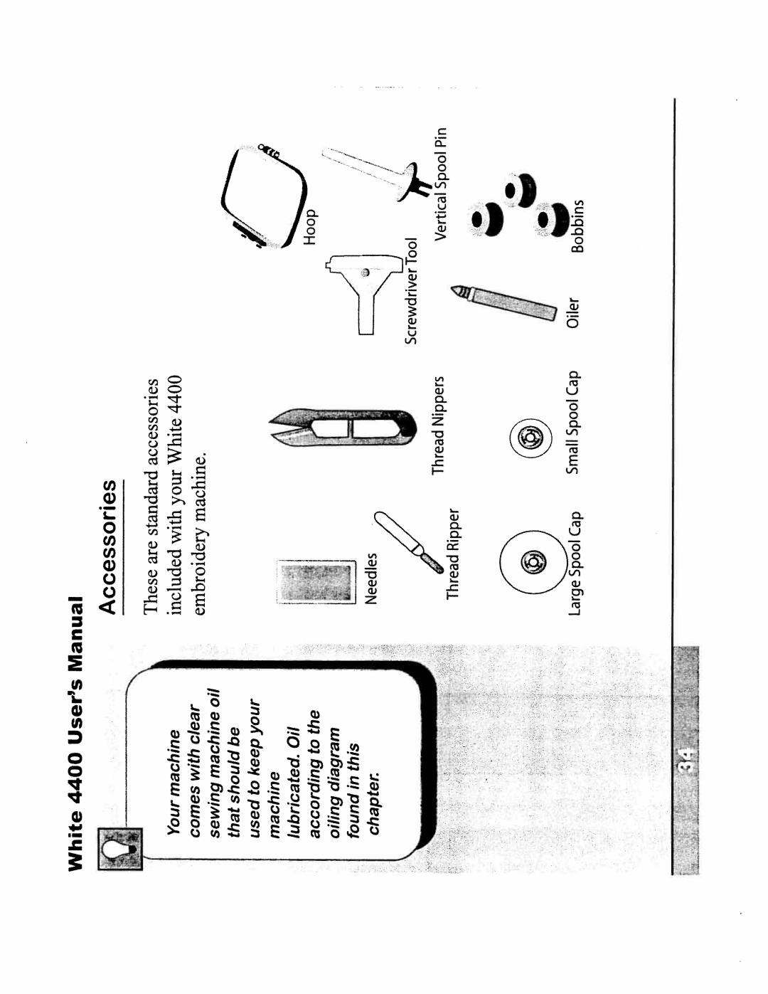 White 4400 instruction manual Accessories, Embroiderymachine 