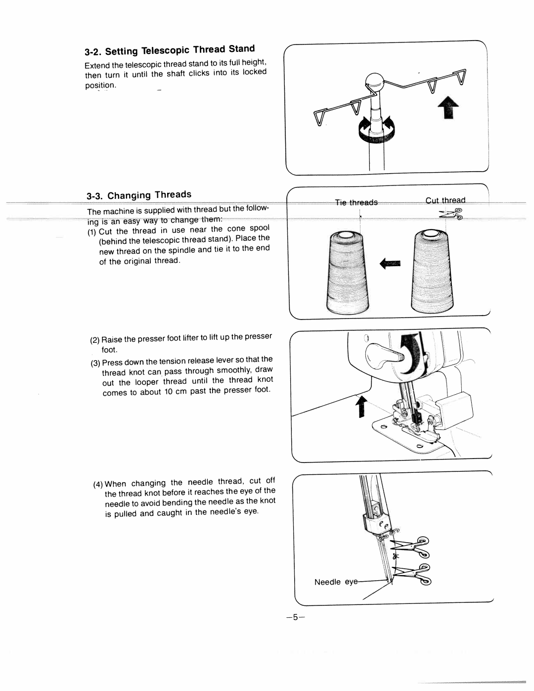 White 634D manual Setting Telescopic Thread Stand, Changing Threads, Machine is supplied with thread but 