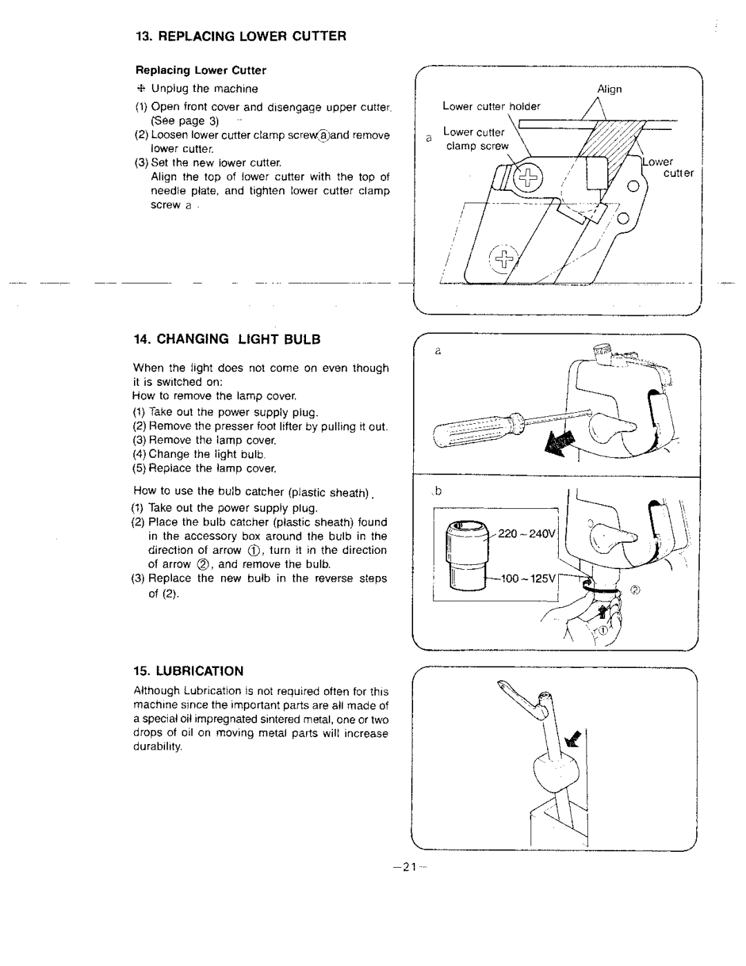 White 634D manual Changing Light Bulb, Replacing Lower Cutter Unplug the machine 