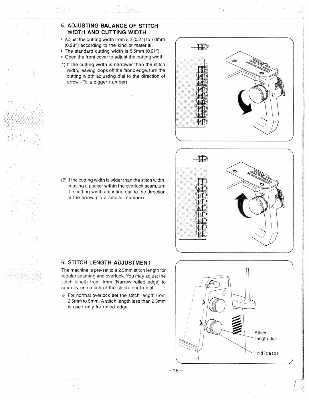 White 834DW manual Indicator, Adjusting Balance of Stitch, Width and Cutting Width, Stitch Length Adjustment 