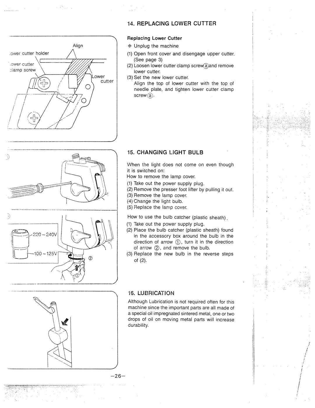 White 834DW manual Screwj, Changing Light Bulb, Lubrication 