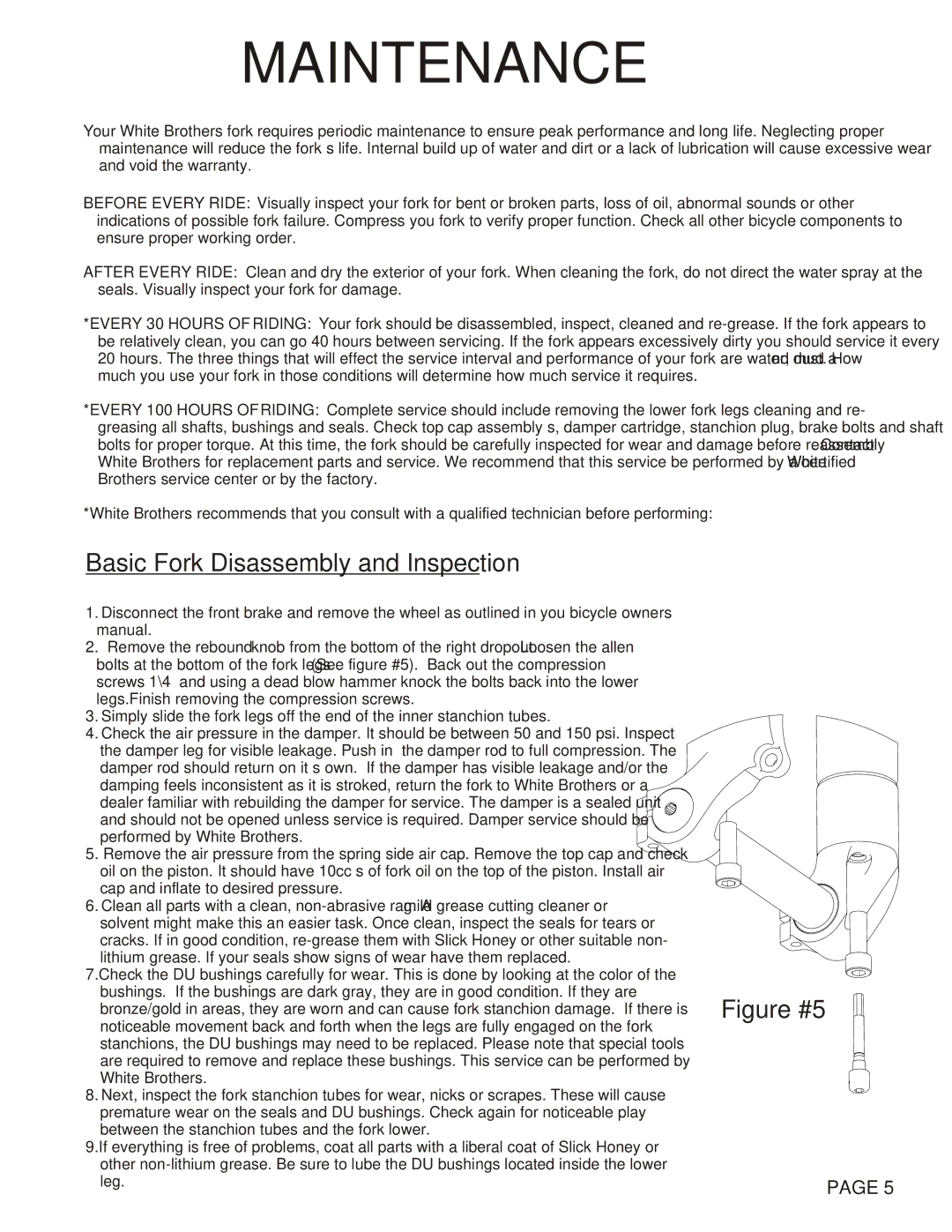 White fluid 29 130 manual Maintenance, Basic Fork Disassembly and Inspection 