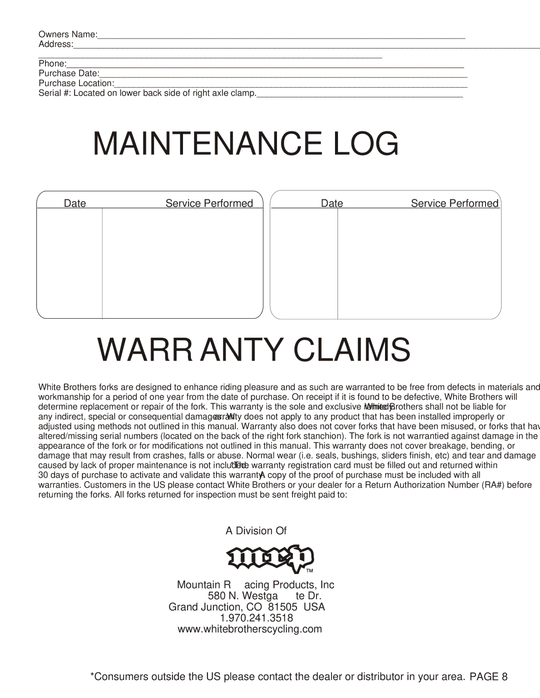 White fluid 29 130 manual Maintenance LOG, Warranty Claims 