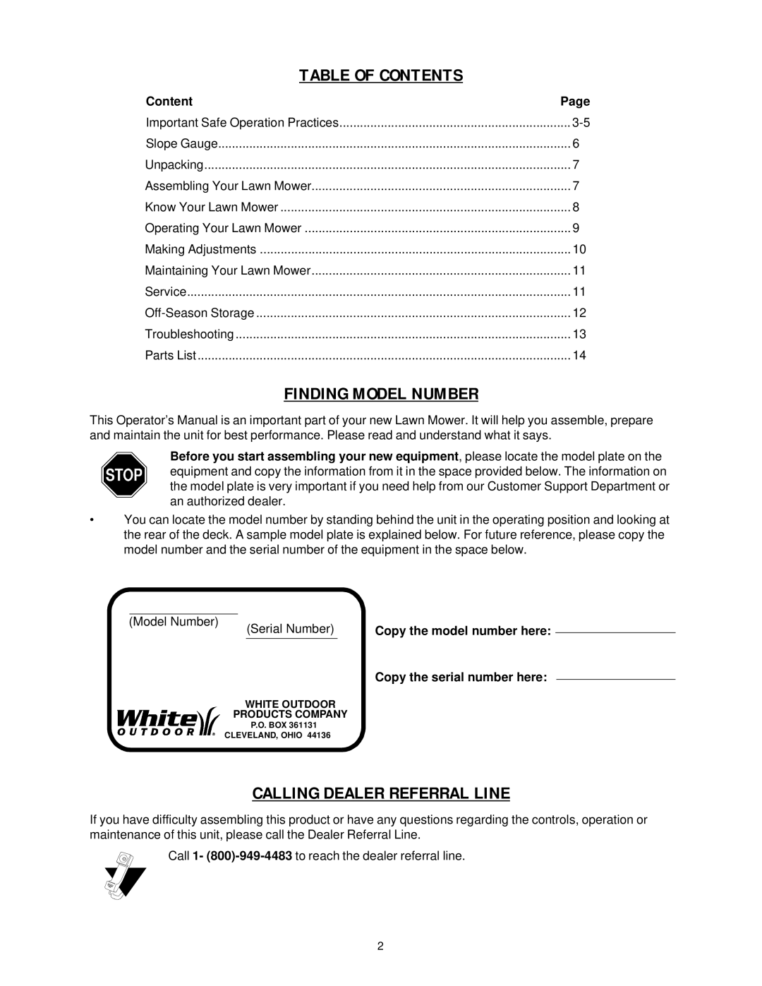 White LC-106, LC-40 manual Table of Contents 