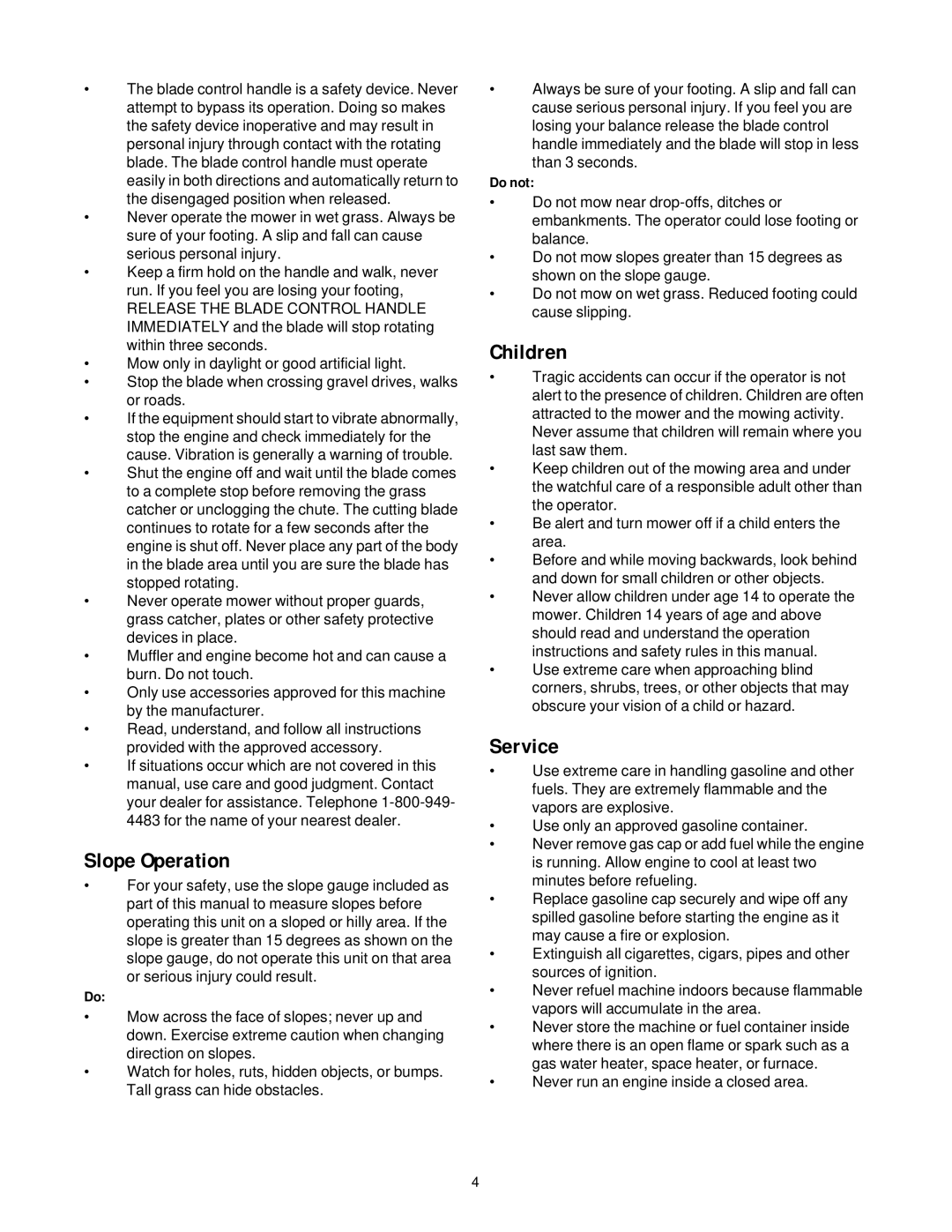 White LC-106, LC-40 manual Slope Operation, Children, Service 