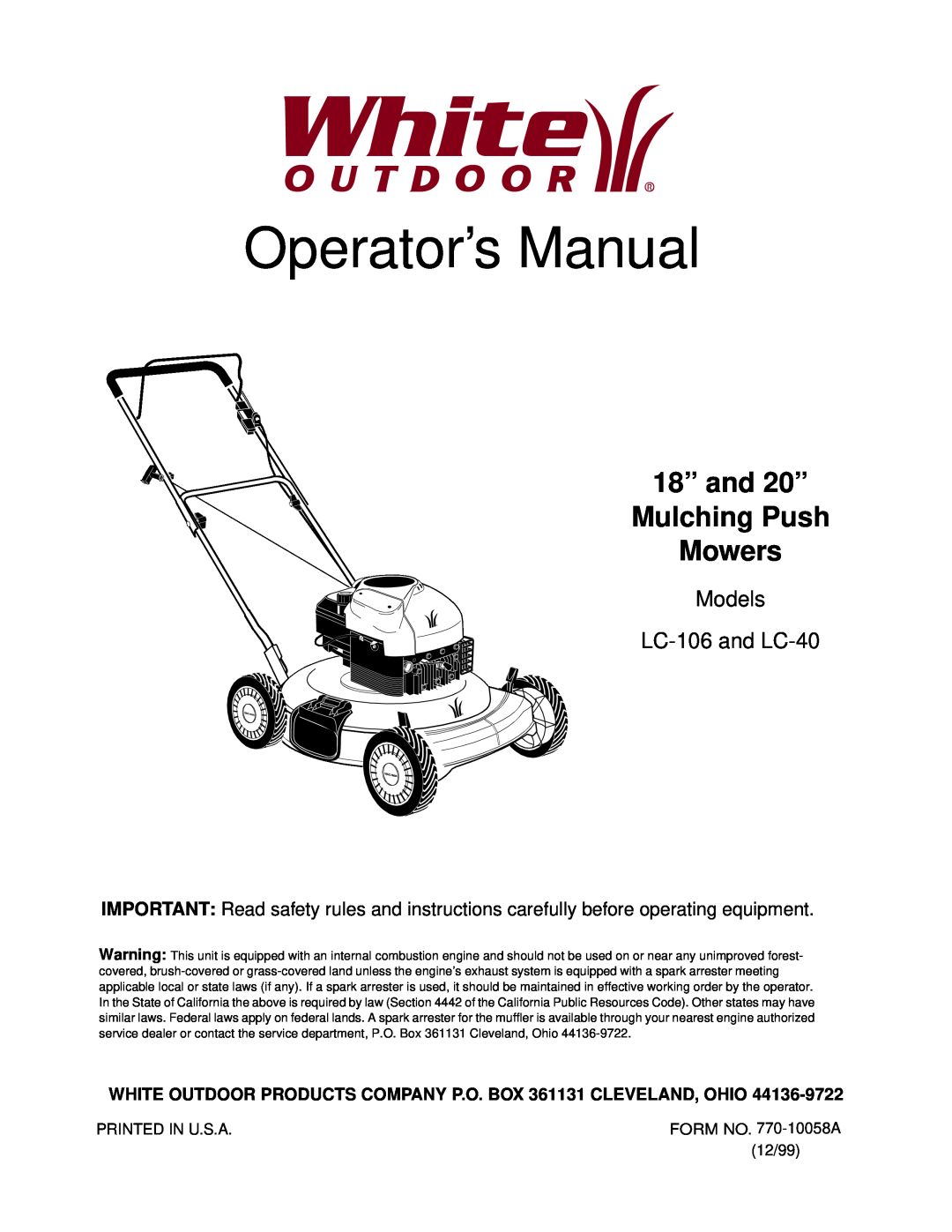 White manual Operator’s Manual, 18” and 20” Mulching Push Mowers, Models LC-106and LC-40 