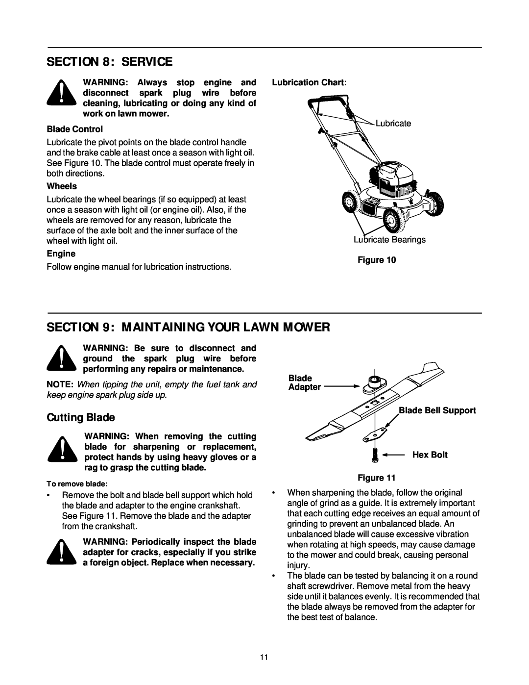 White LC-40, LC-106 Service, Maintaining Your Lawn Mower, Cutting Blade, To remove blade, Blade Control, Wheels, Engine 