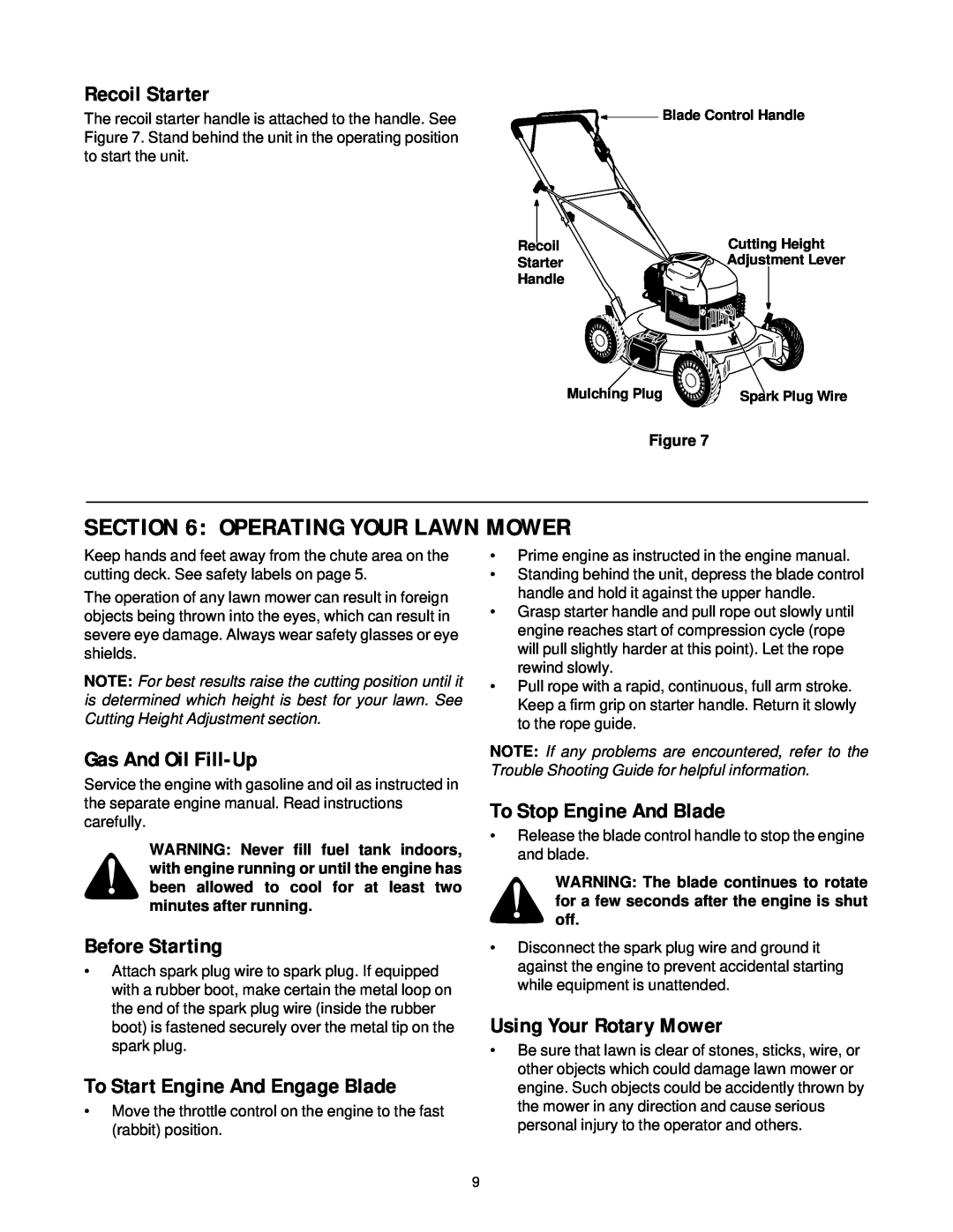 White LC-40 Operating Your Lawn Mower, Recoil Starter, Gas And Oil Fill-Up, Before Starting, To Stop Engine And Blade 