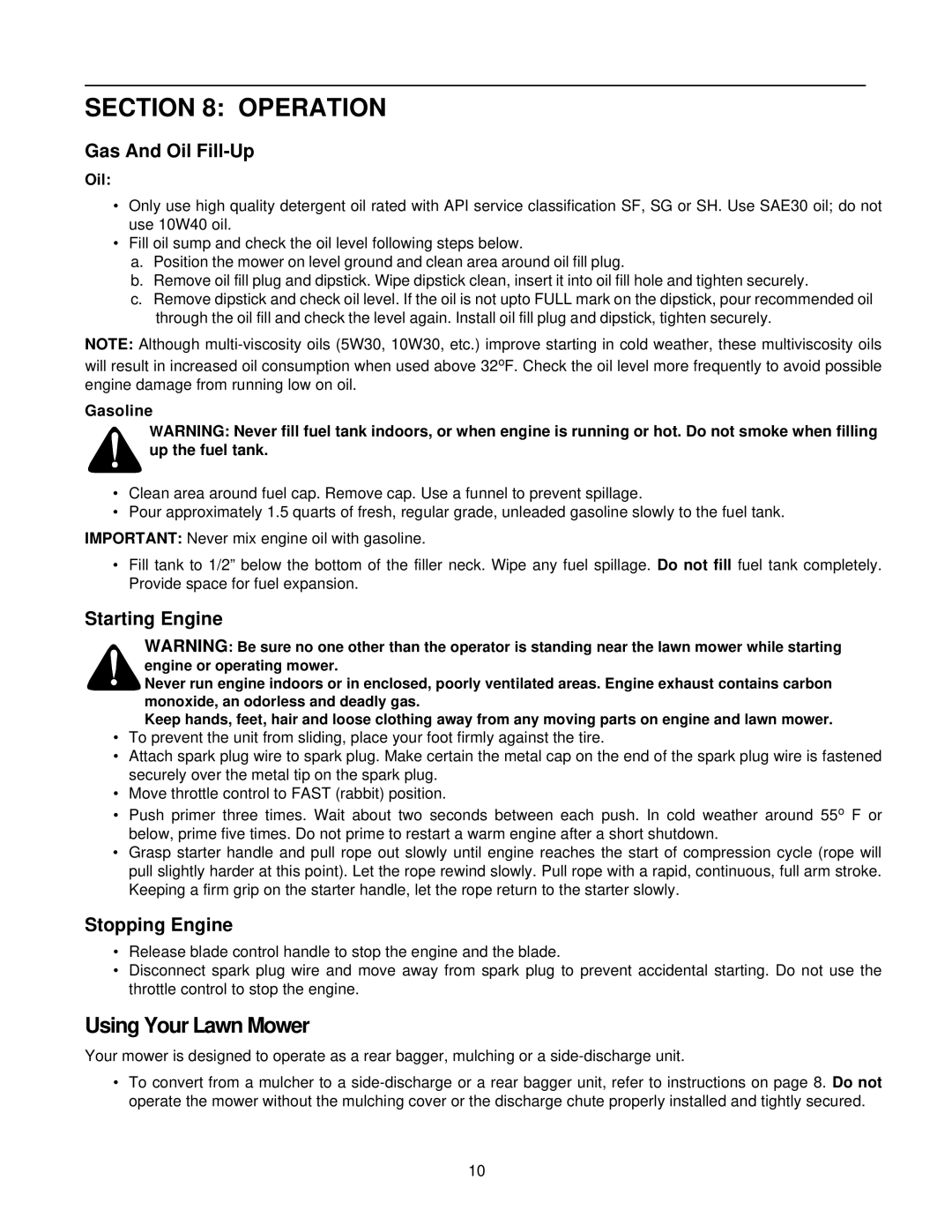 White LC-436 manual Operation, Gas And Oil Fill-Up, Starting Engine, Stopping Engine 