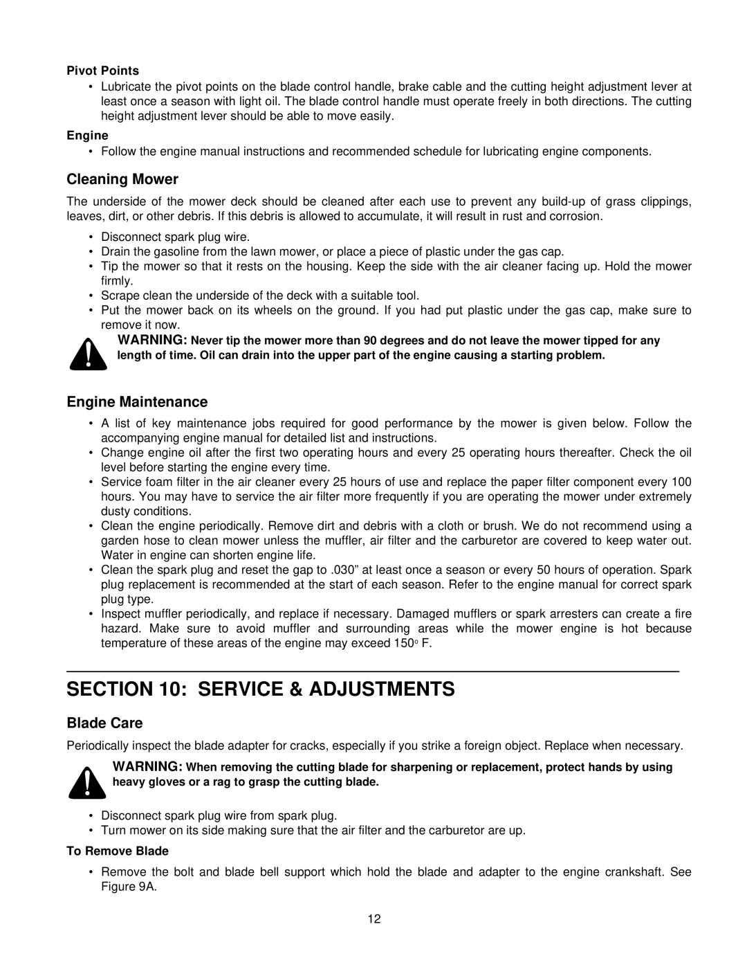 White LC-436 manual Service & Adjustments, Cleaning Mower, Engine Maintenance, Blade Care 