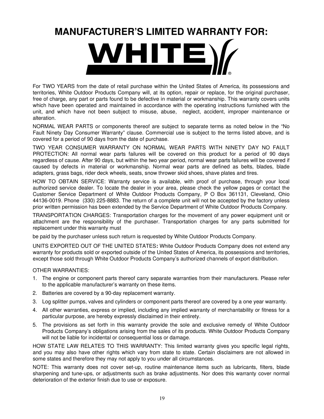 White LC-436 manual MANUFACTURER’S Limited Warranty for 