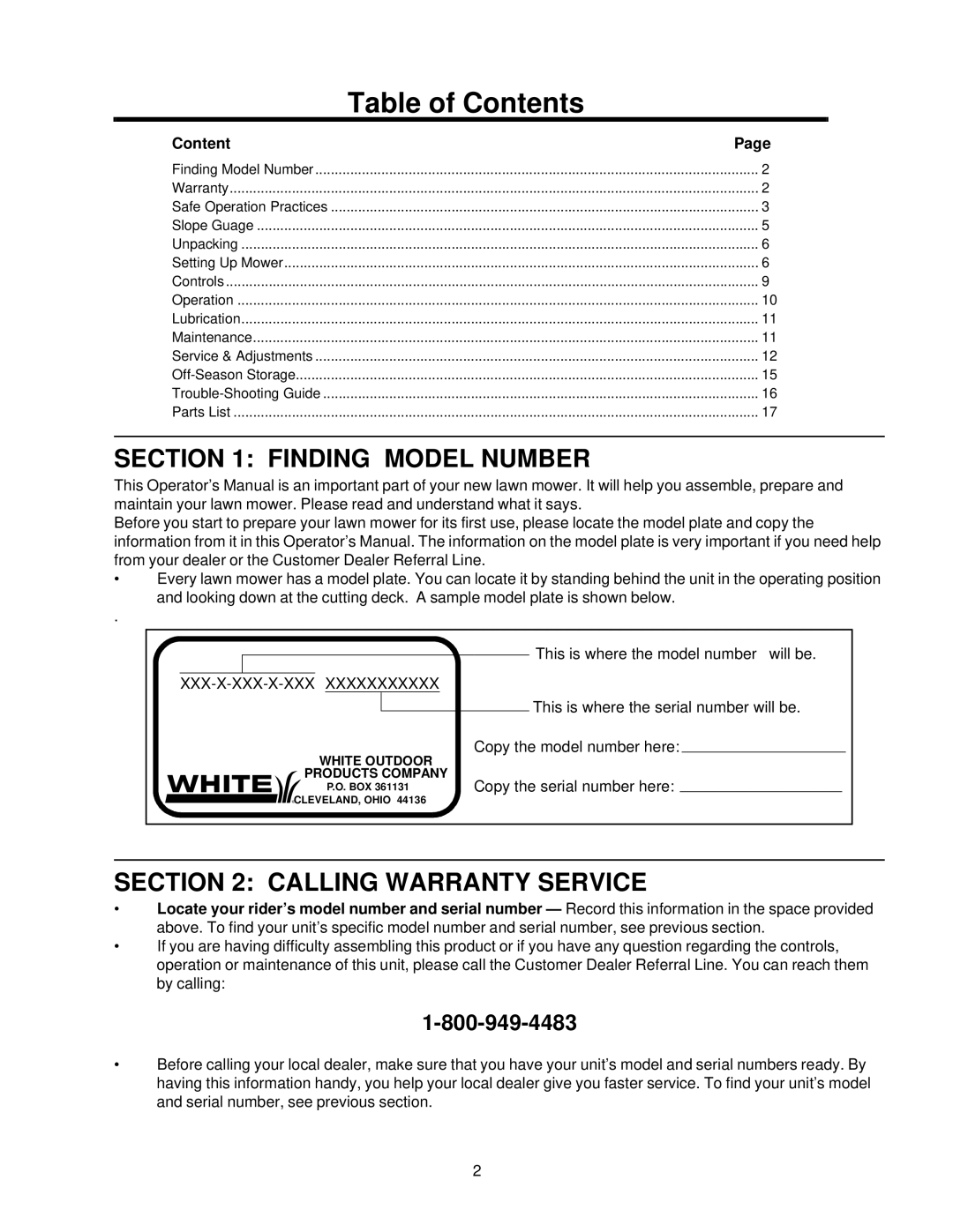 White LC-436 manual Table of Contents 