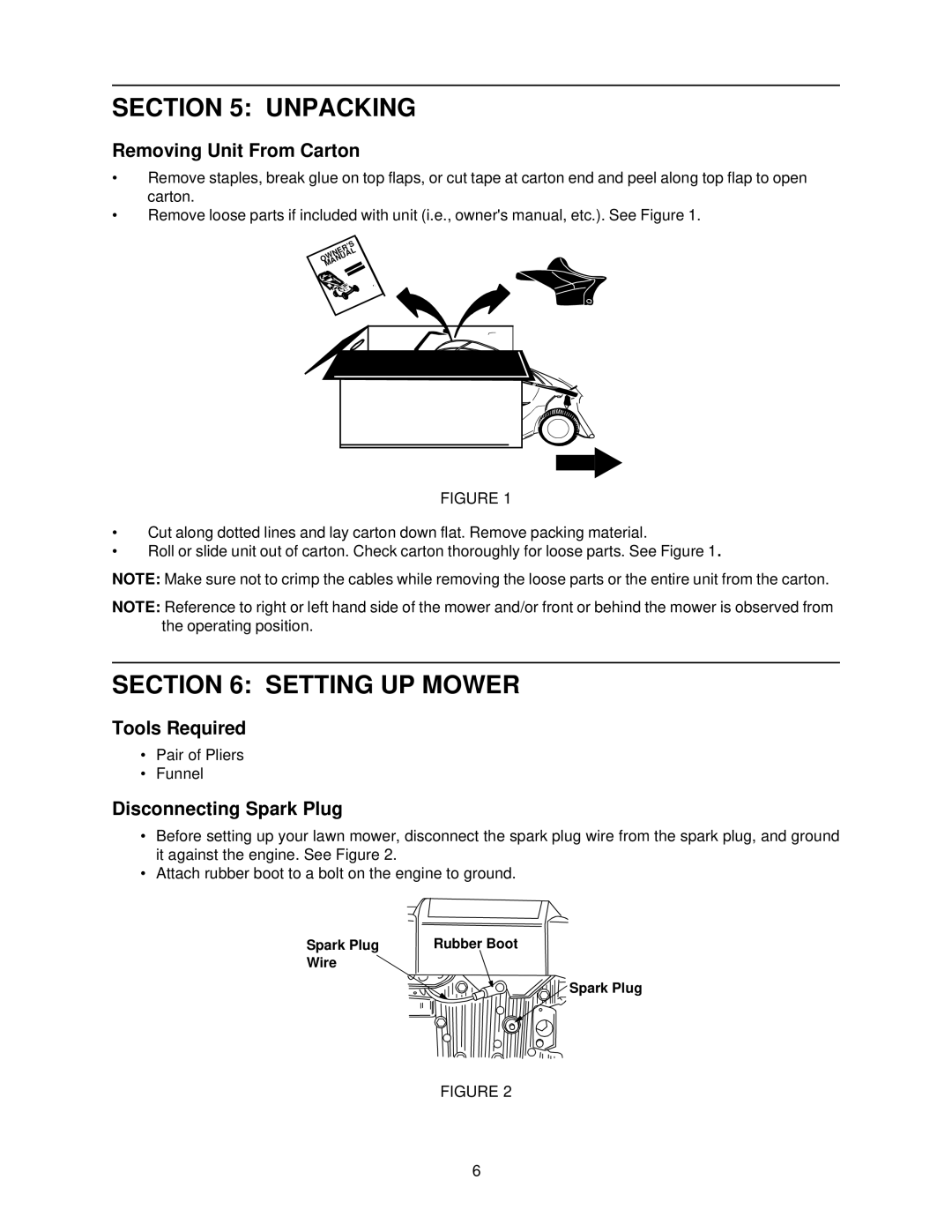 White LC-436 manual Unpacking, Setting UP Mower, Removing Unit From Carton, Tools Required, Disconnecting Spark Plug 