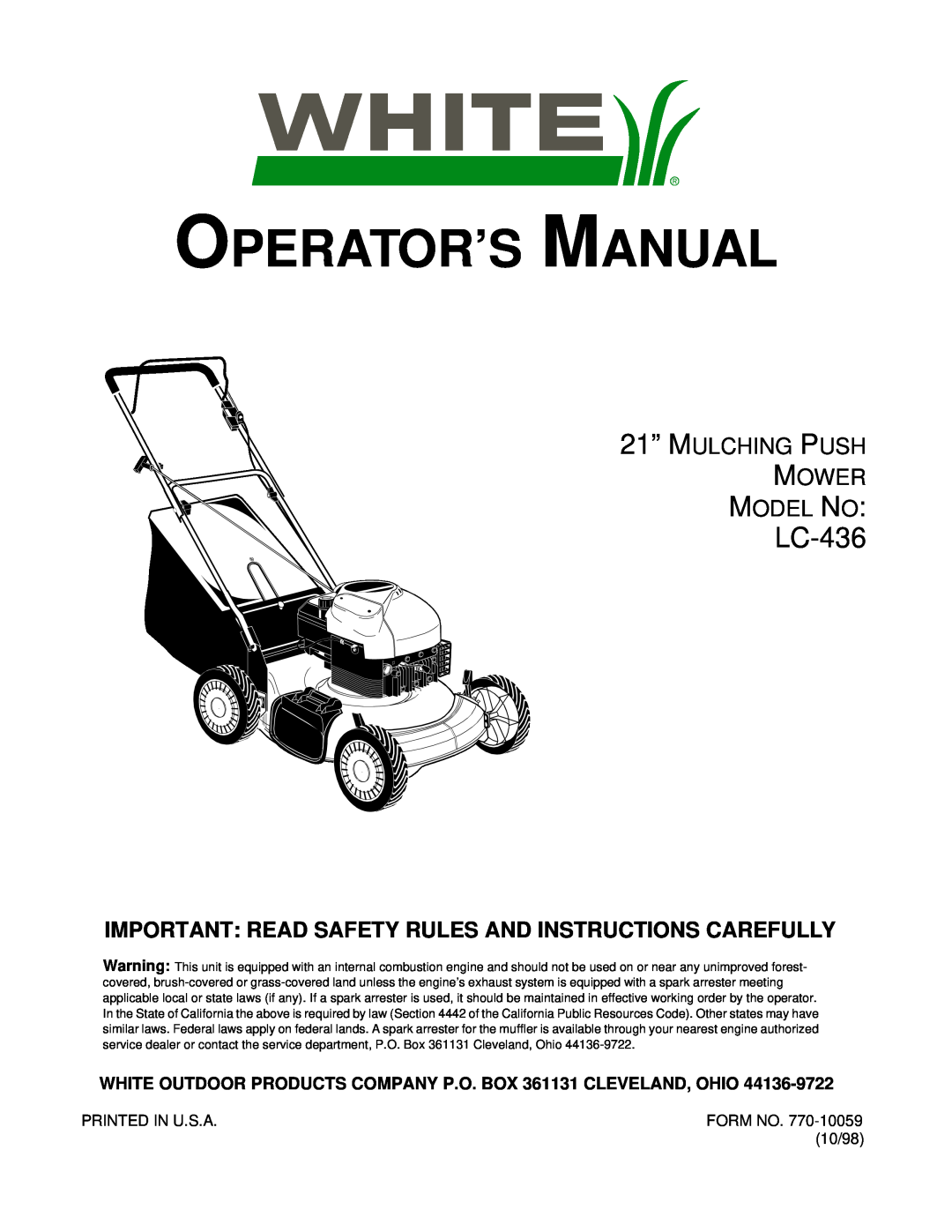 White LC-436 manual 21” MULCHING PUSH MOWER MODEL NO, Operator’S Manual 