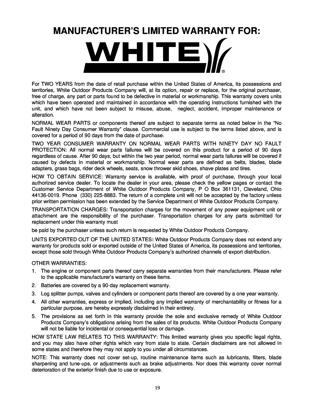 White LC-436 manual Manufacturer’S Limited Warranty For 