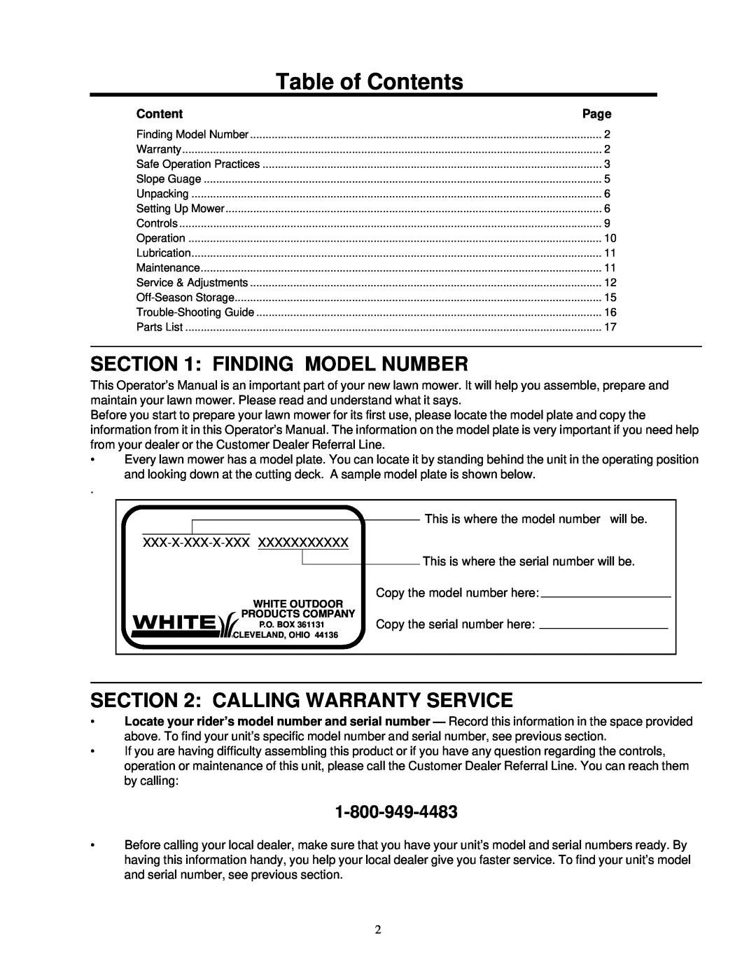 White LC-436 manual Table of Contents, Finding Model Number, Calling Warranty Service, 1-800-949-4483, Page 