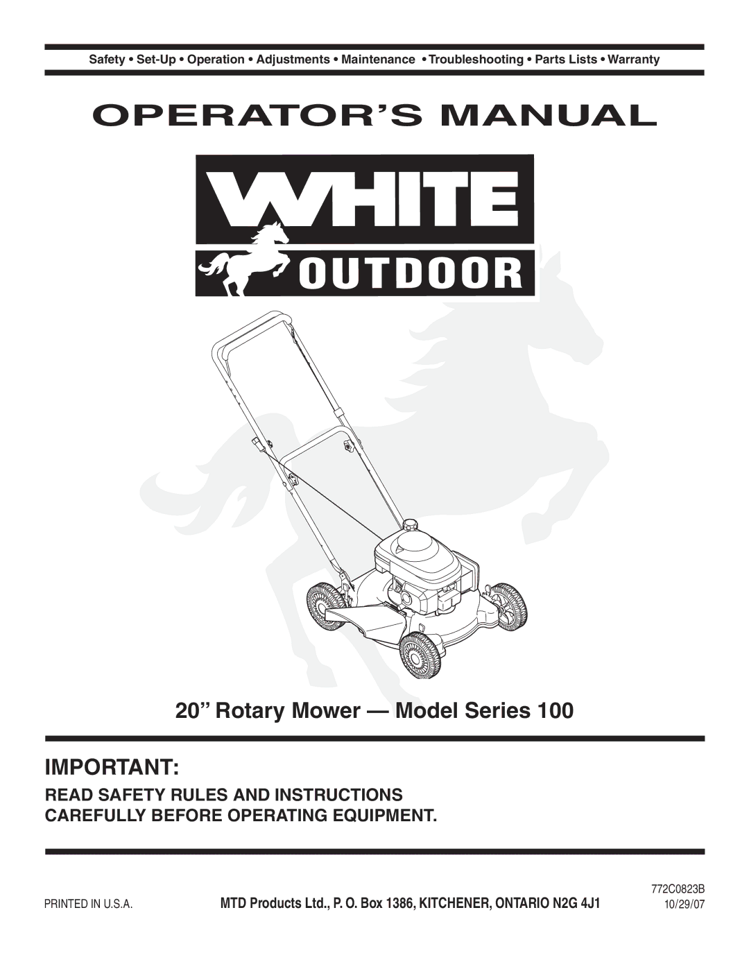 White Outdoor 100 warranty Outdoor, Rotary Mower Model Series 