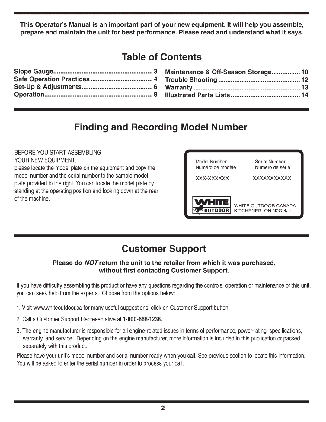 White Outdoor 100 warranty Table of Contents, Finding and Recording Model Number, Customer Support 