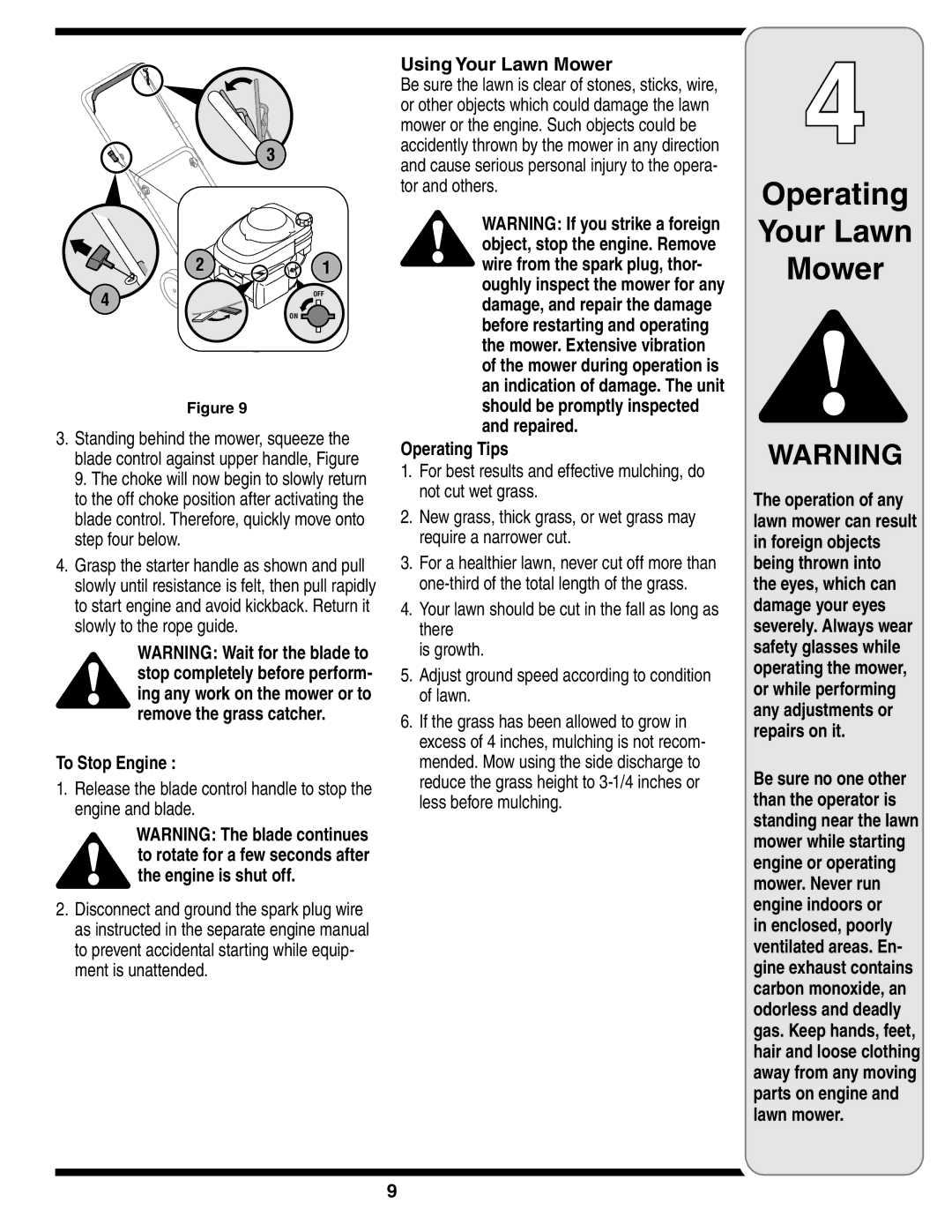 White Outdoor 100 warranty To Stop Engine, Using Your Lawn Mower, Operating Tips 