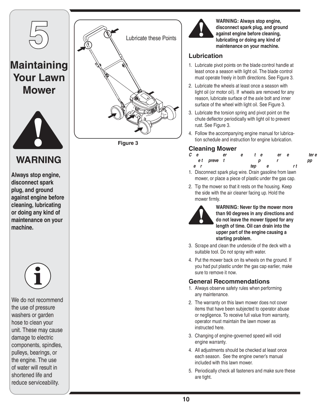 White Outdoor 105 warranty Maintaining Your Lawn Mower, Lubrication, Cleaning Mower, General Recommendations 