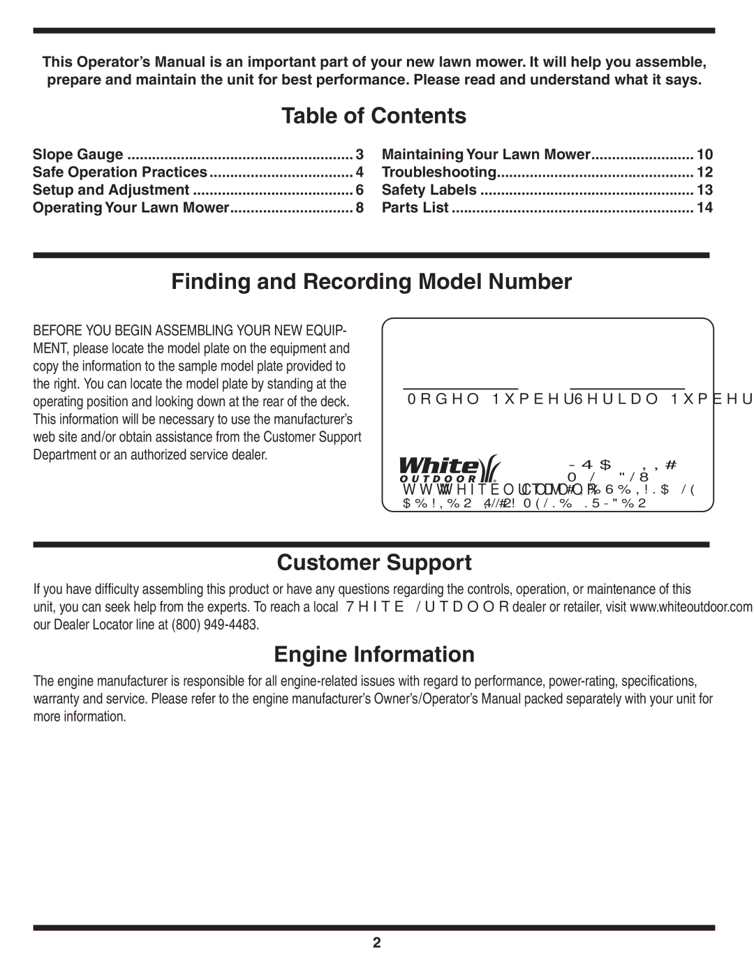 White Outdoor 105 warranty Table of Contents, Finding and Recording Model Number, Customer Support Engine Information 