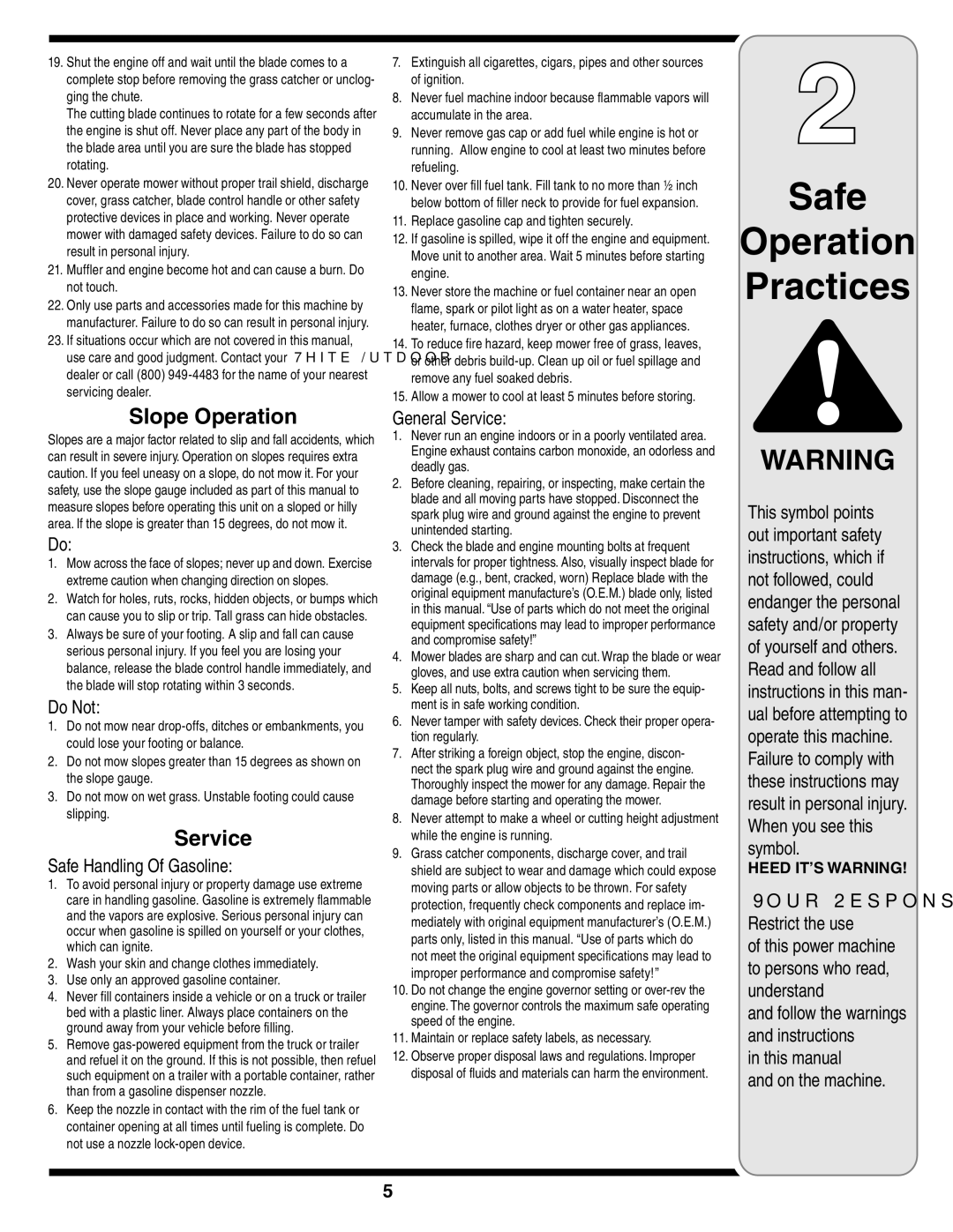 White Outdoor 105 warranty Slope Operation, Service 