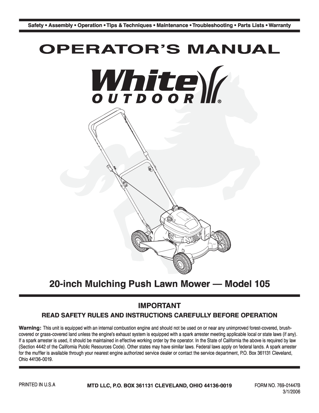 White Outdoor 105 warranty Operator’S Manual, inch Mulching Push Lawn Mower - Model 