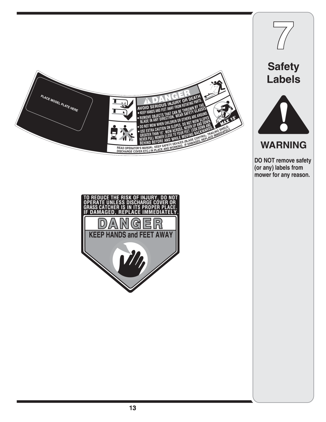 White Outdoor 105 warranty Safety Labels, DO NOT remove safety or any labels from mower for any reason 