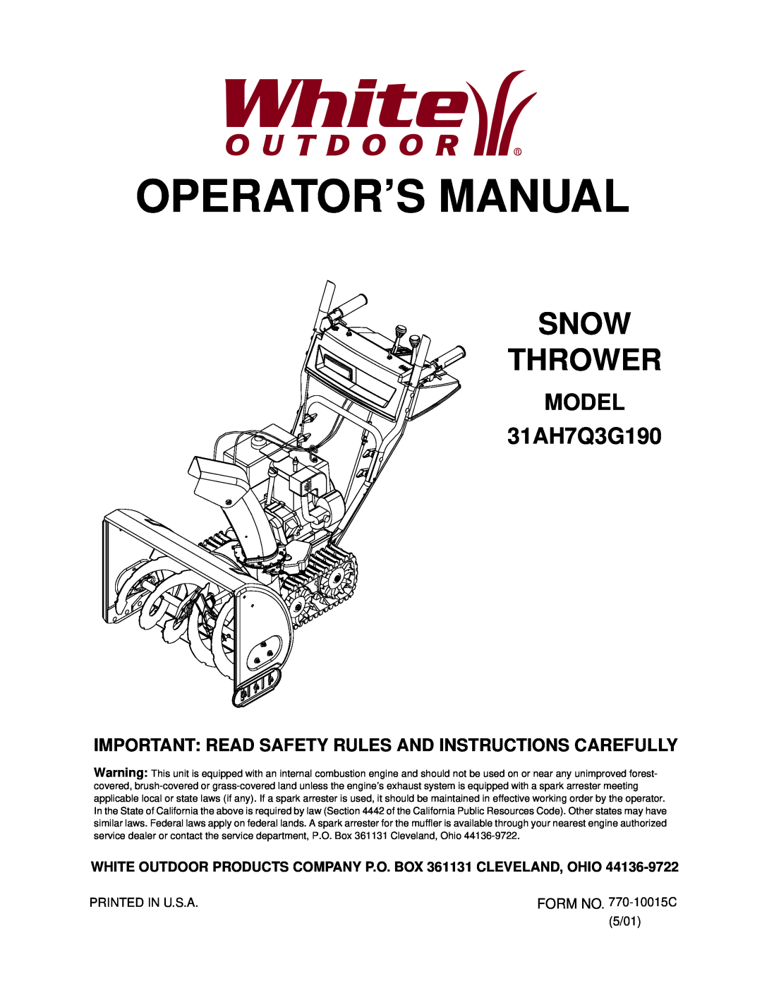 White Outdoor manual Operator’S Manual, Snow Thrower, MODEL 31AH7Q3G190 