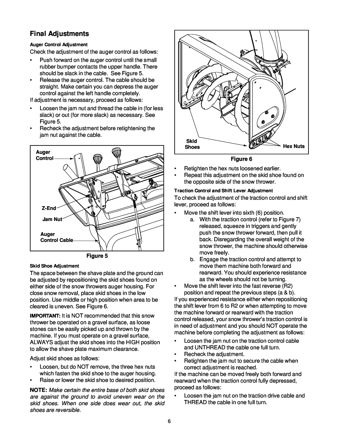 White Outdoor 31AH7Q3G190 manual Final Adjustments, Auger Control Adjustment, Skid Shoe Adjustment, Figure 