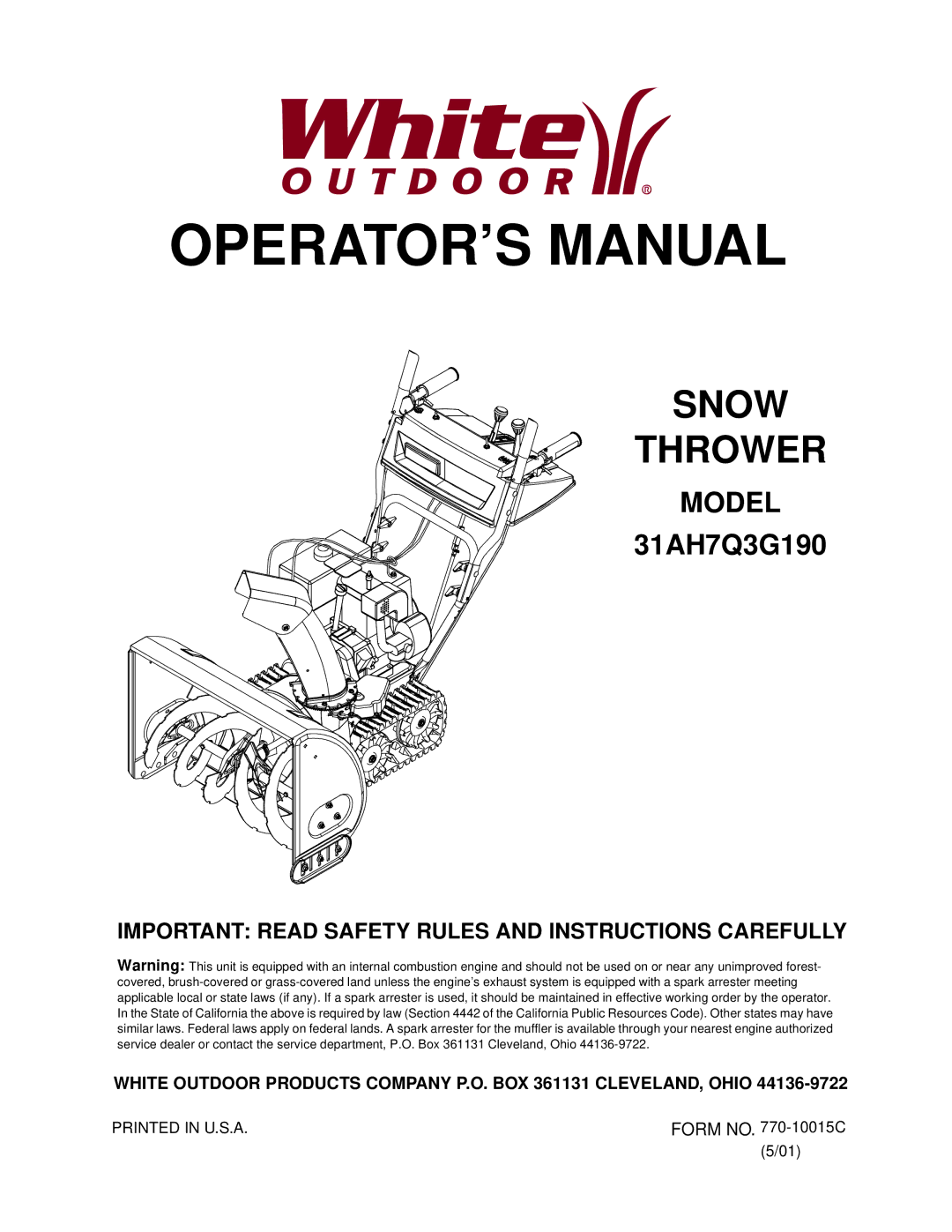 White Outdoor 31AH7Q3G190 manual OPERATOR’S Manual 