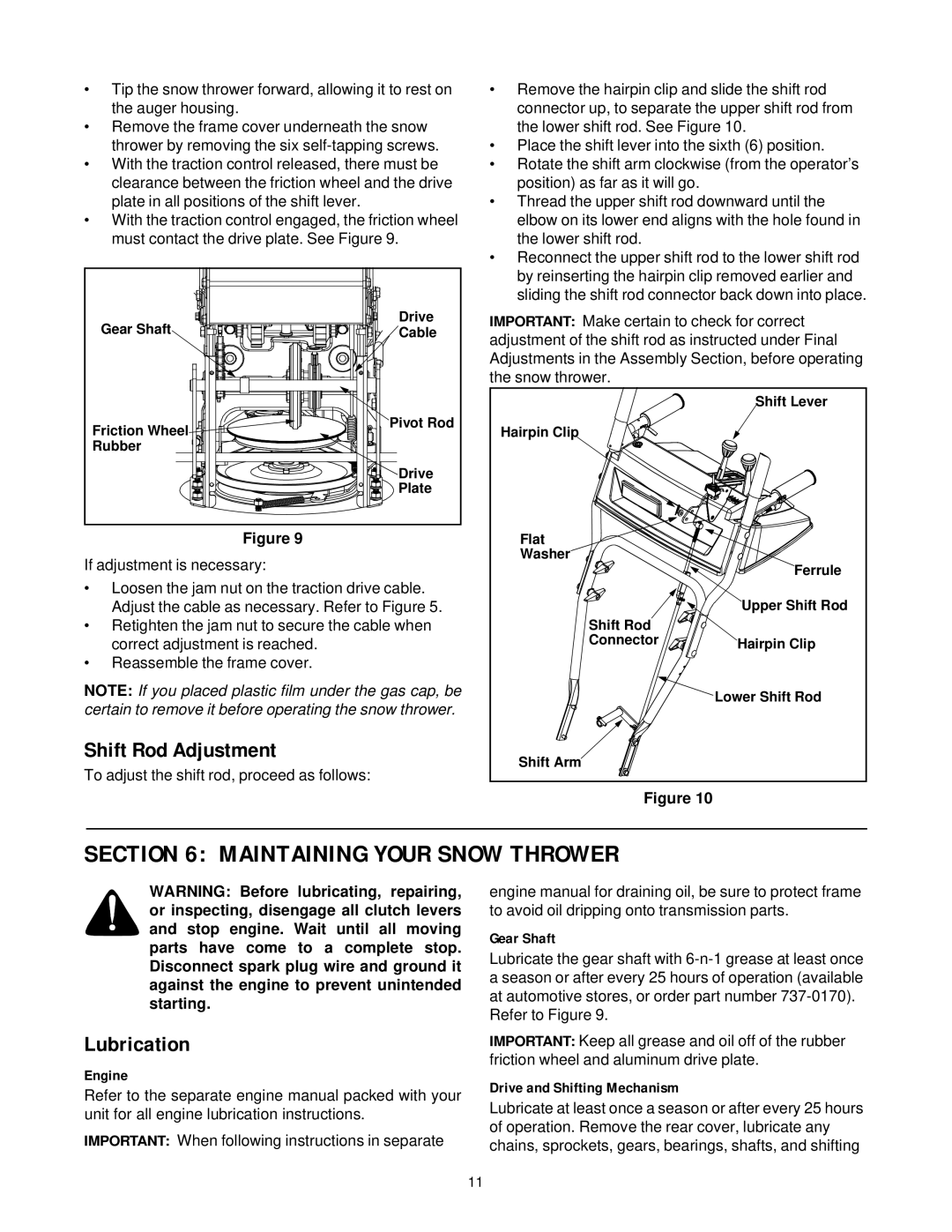 White Outdoor 31AH7Q3G190 manual Maintaining Your Snow Thrower, Shift Rod Adjustment, Lubrication 